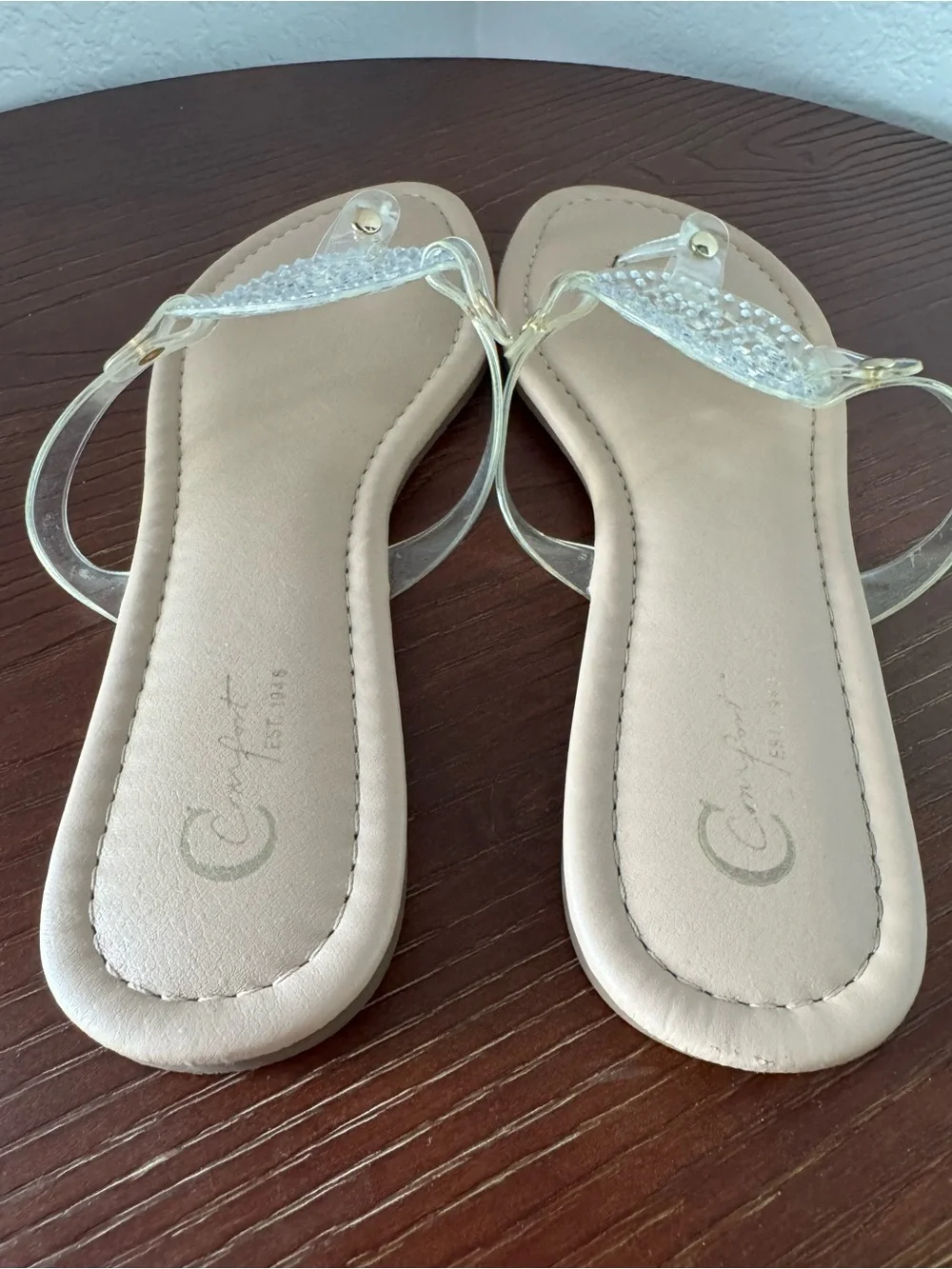 Clear & Gold Jelly Embellished Thong Sandals - Beige Footbed, Womens Size 8 - Picture 3 of 5